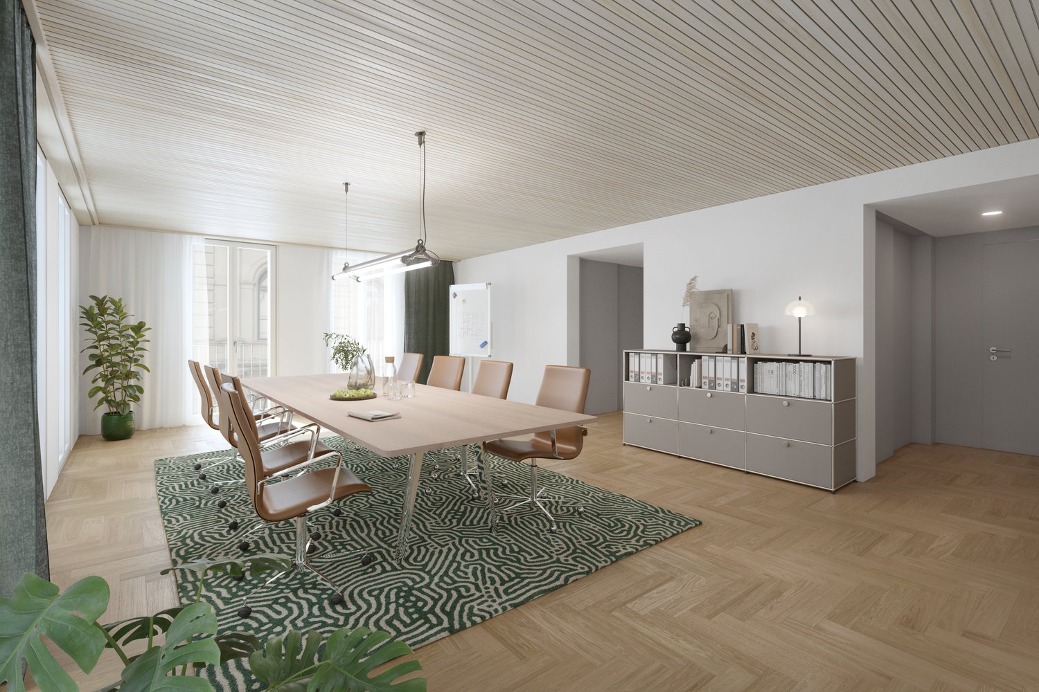 conference room with long wooden table, chairs, grey cabinet, white ceiling, white walls, wooden floor