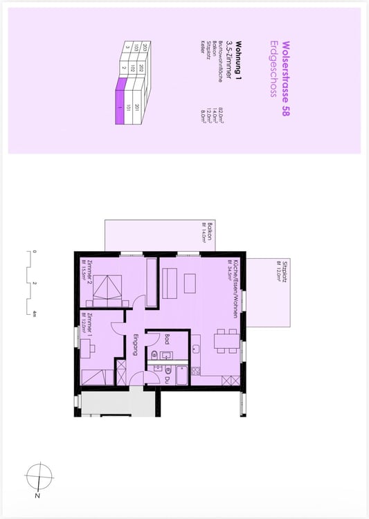 3.5 Zimmerwohnungim EG mit 82m2, Balkon 14 m2 Sitzplatz 12 m2, Richtung Süden 3
