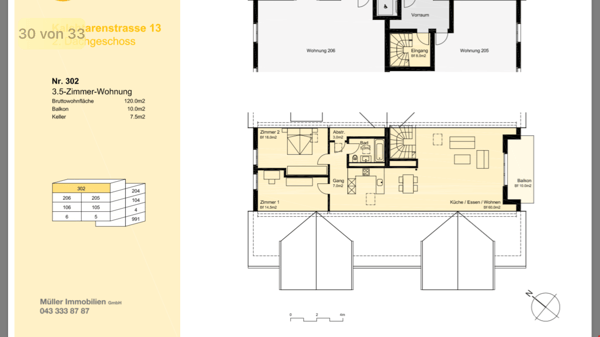 3.5 Zimmerwohnung mit 120 m2 Balkon Richtung Süden 3