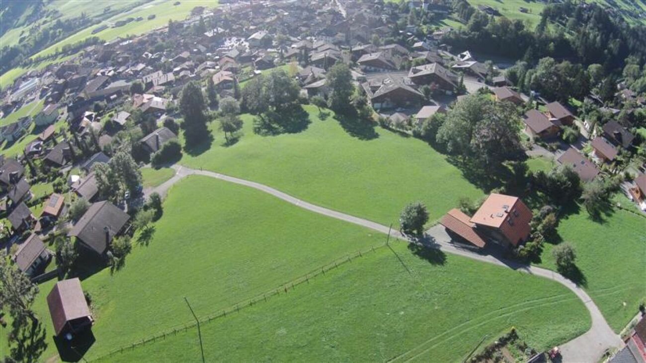 a vast green field with trees, houses with brown roofs and a paved road running through the village