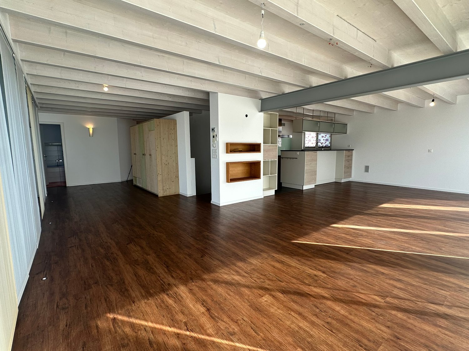 Open floor plan, wooden floors, white walls, kitchen with appliances, wooden cabinets, storage closet, hallway, bathroom