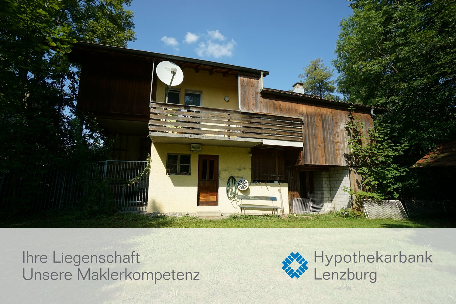 2 story house, wooden balcony, satellite dish, brick wall, garden