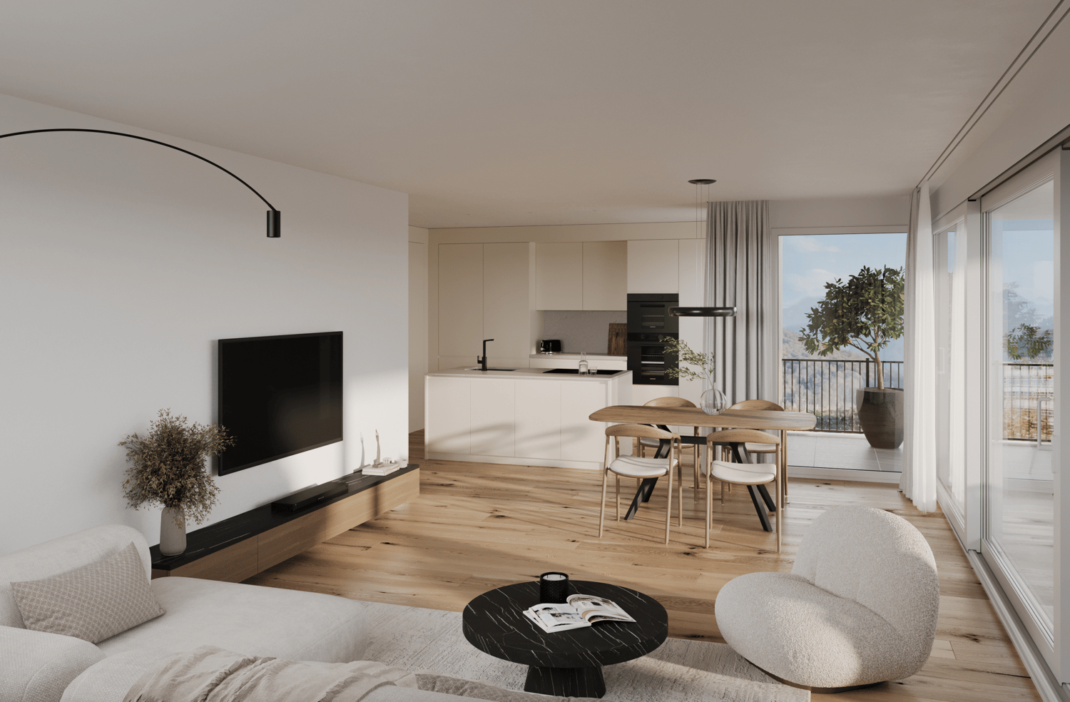 wooden floor, balcony, white and beige furniture, dining table and chairs, TV, round coffee table, curtains, modern design