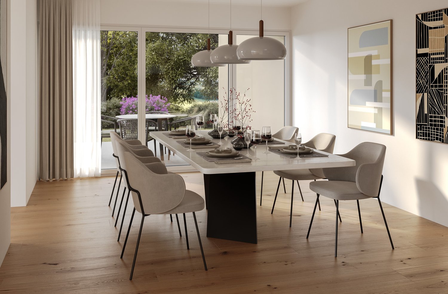 wooden floor, white walls, large glass doors to terrace, modern dining table, chairs, lamps, decor