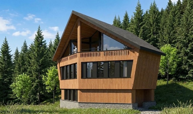 modern wooden house, 2 stories, large windows, balcony, surrounded by trees