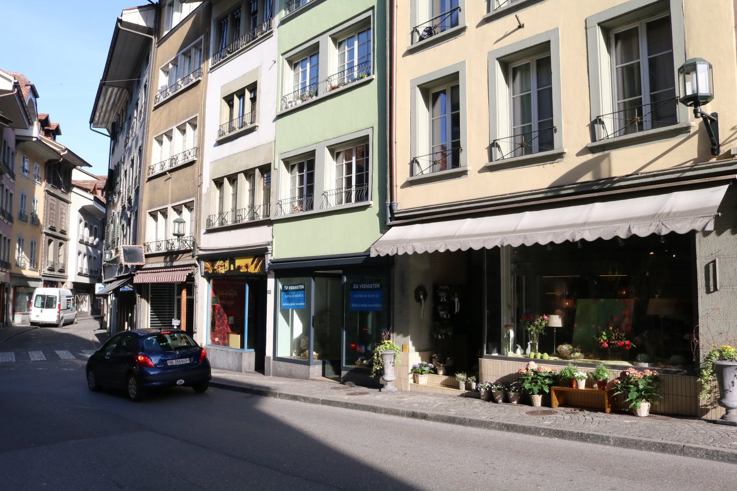A street with buildings on both sides, a car driving, and a van parked on the side. The buildings have glass windows and balconies. The sidewalk has potted plants and a shop with a white awning. The shop has glass windows with potted plants and flowers di