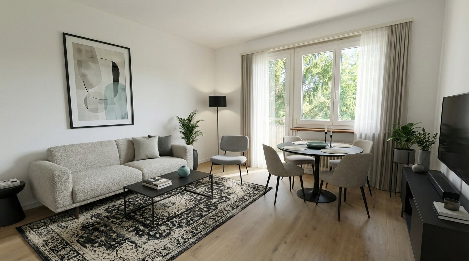 modern design, L-shaped sofa, coffee table, TV, dining table, dining chairs, carpet, potted plants, picture frame