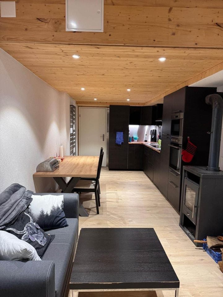 Living room with wooden floor, wooden ceiling, couch, coffee table, dining table, black fireplace