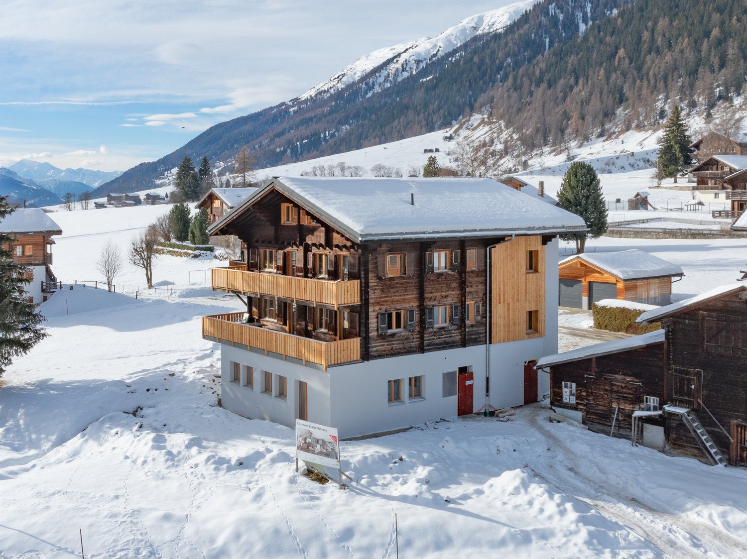 3 story wooden chalet, wooden-aluminum balcony, covered garage