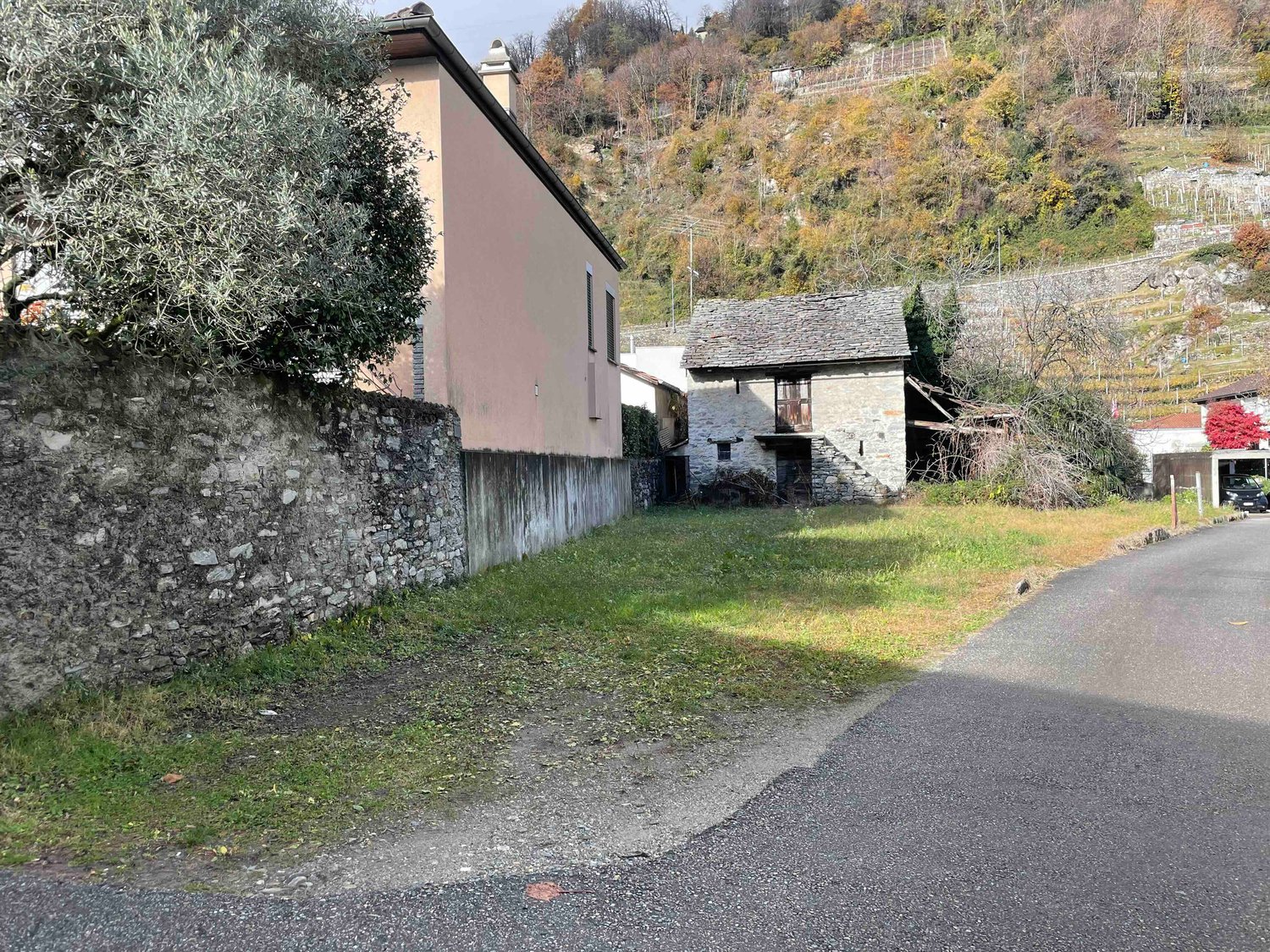 2 buildings, grassy area, stone wall, hill in background