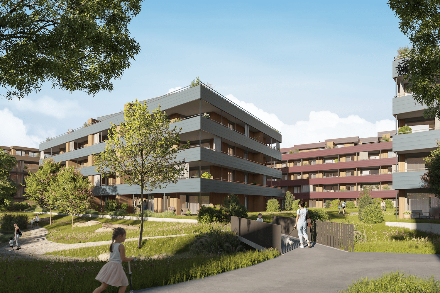 Modern apartment building with multiple floors, balconies, and a green rooftop terrace