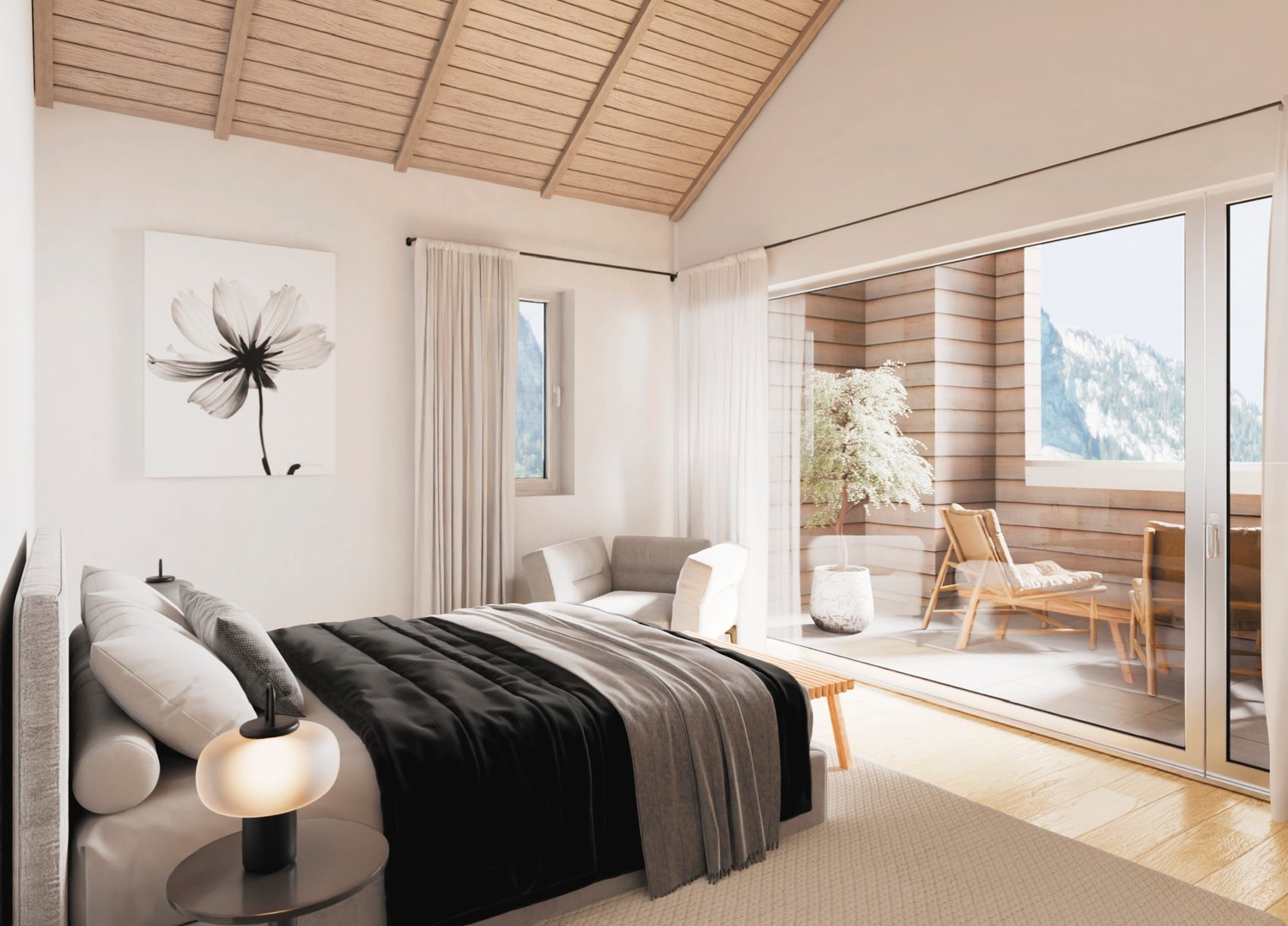 vaulted ceiling, large bed with gray and black bedding, side table with lamp, white walls, balcony with outdoor seating, sliding glass doors leading to balcony, view of mountains, indoor plant, artwork on wall