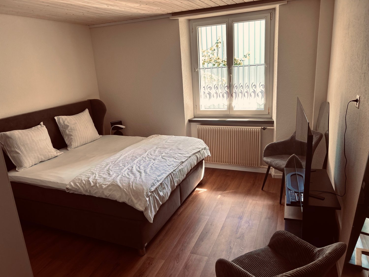 Bedroom with bed, radiator, television, chair, and pillow