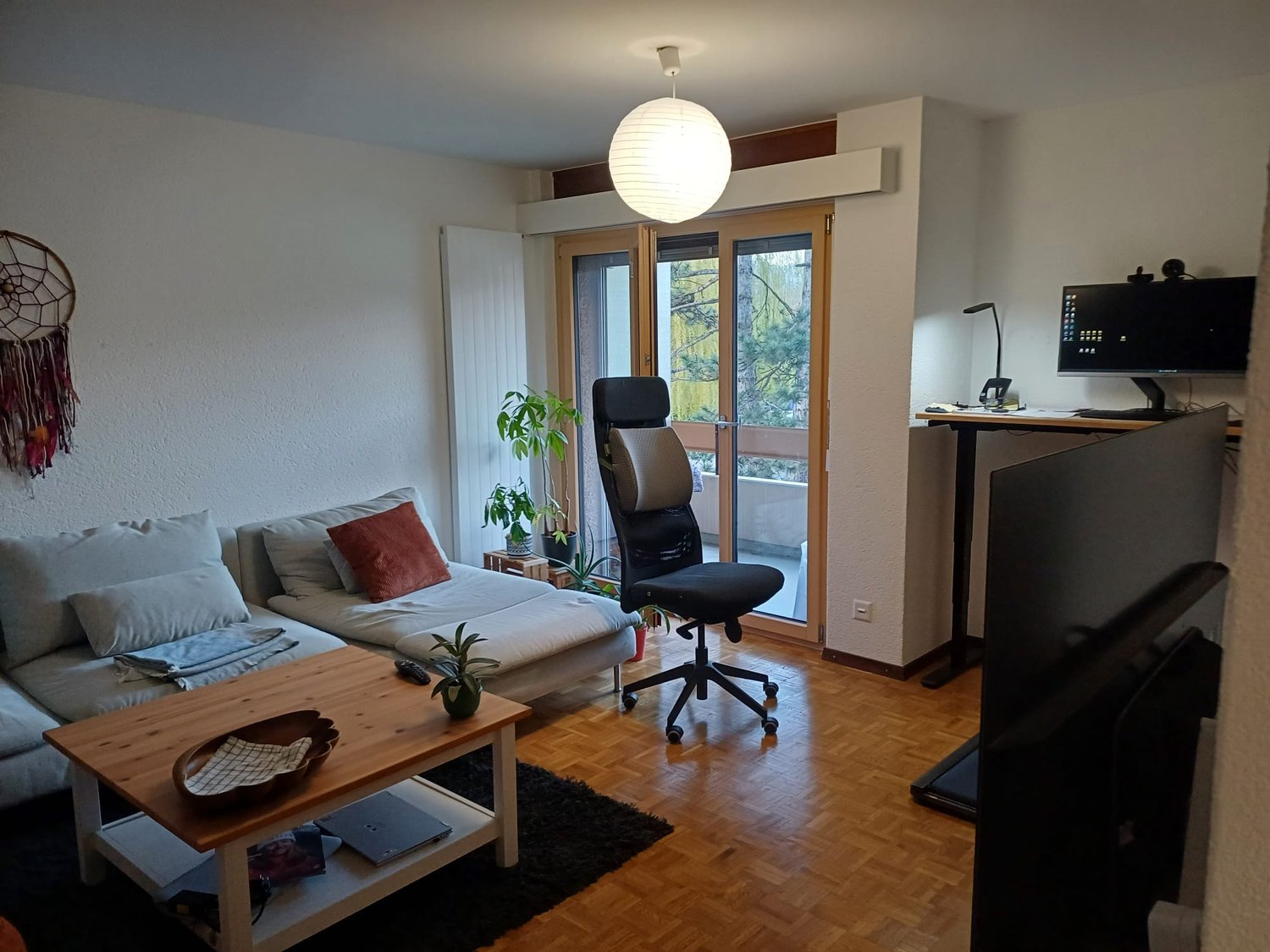 Living room with couch, desk, chair, TV, plants, wooden floor, sliding glass door