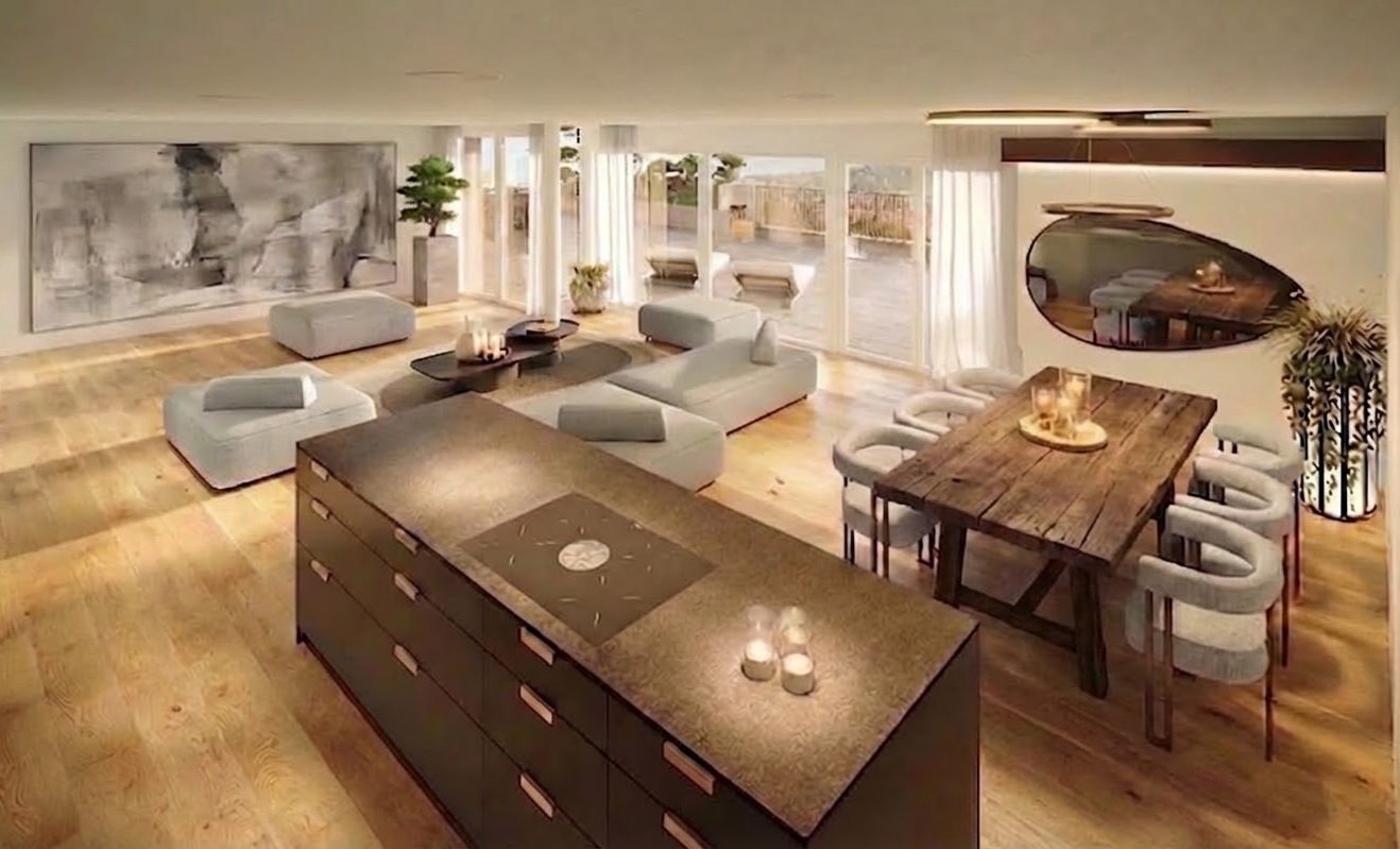 open plan living and dining area, large windows, balcony, wooden floor, modern furniture, large painting
