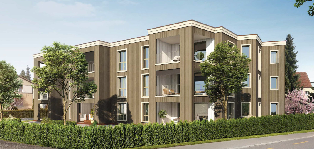 Modern 4 story apartment building, balconies, green trees, modern design