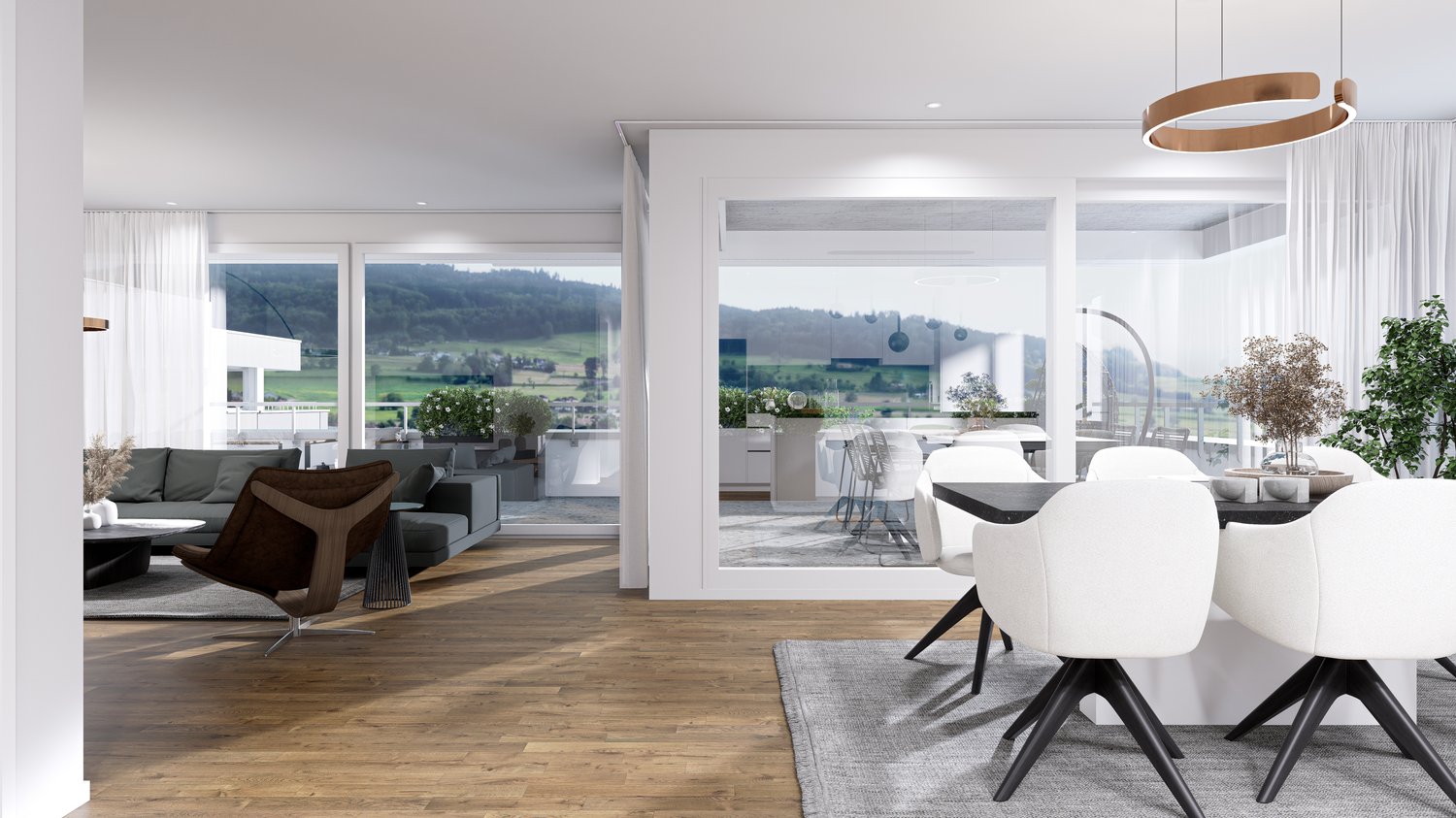 modern interior, large windows, balcony, dining table and chairs, sofas, wooden floor