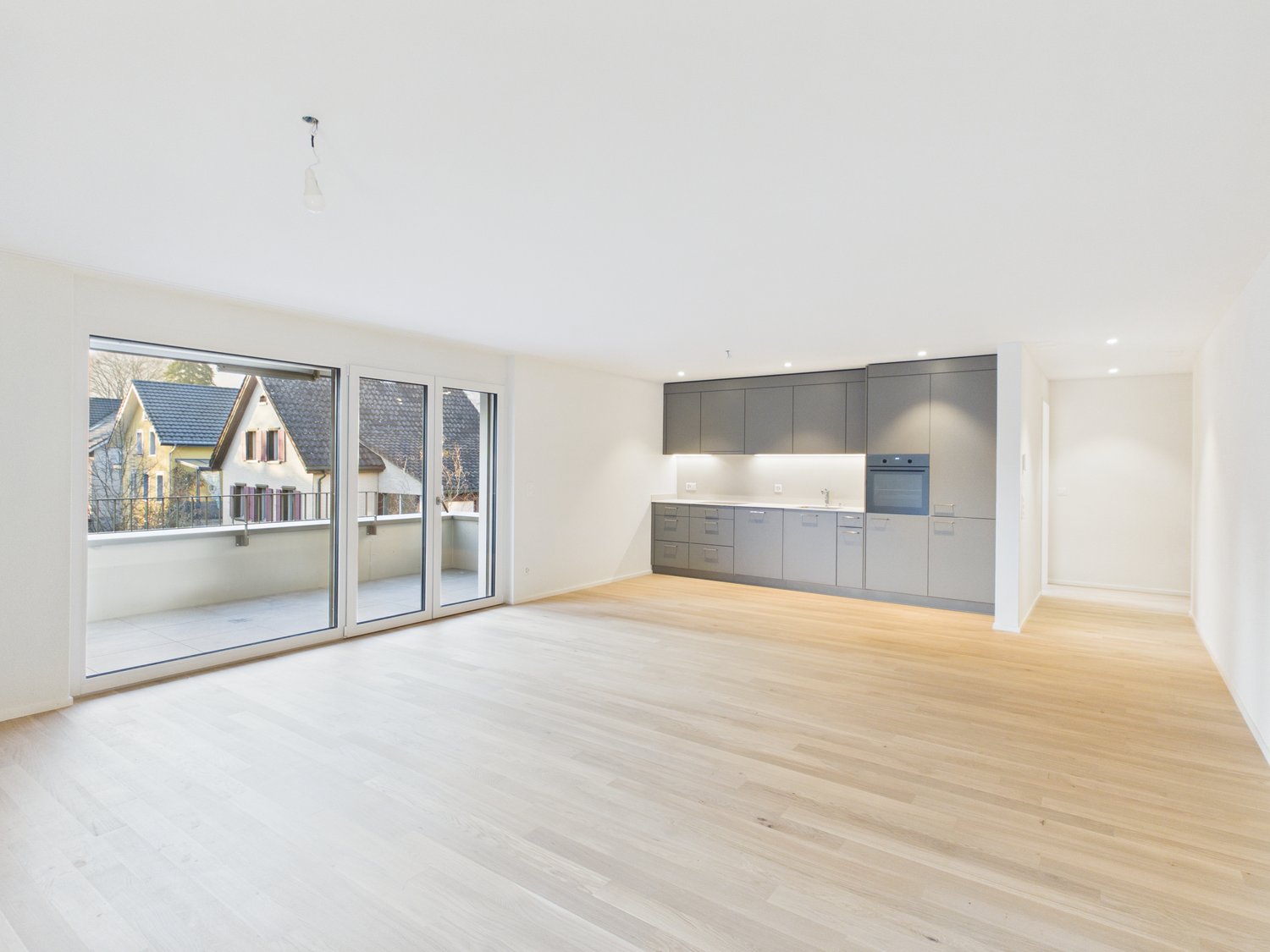 large windows, sliding doors, open space, wooden floor, grey kitchen, modern design