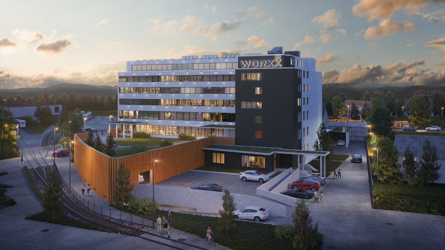hotel with modern architecture, rooftop garden, many windows, parking area, multiple entrances, people walking around, various cars parked