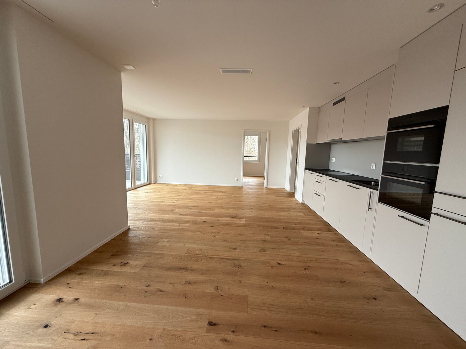 Empty room with wooden floor, white walls, glass doors, white kitchen cabinets, black oven, white ceiling