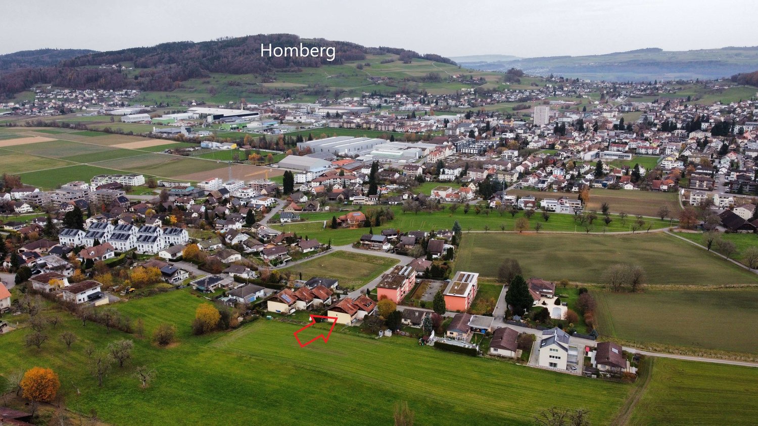 Aerial view of a neighborhood with multiple residential buildings and houses, a central green space, and surrounding fields and mountains.