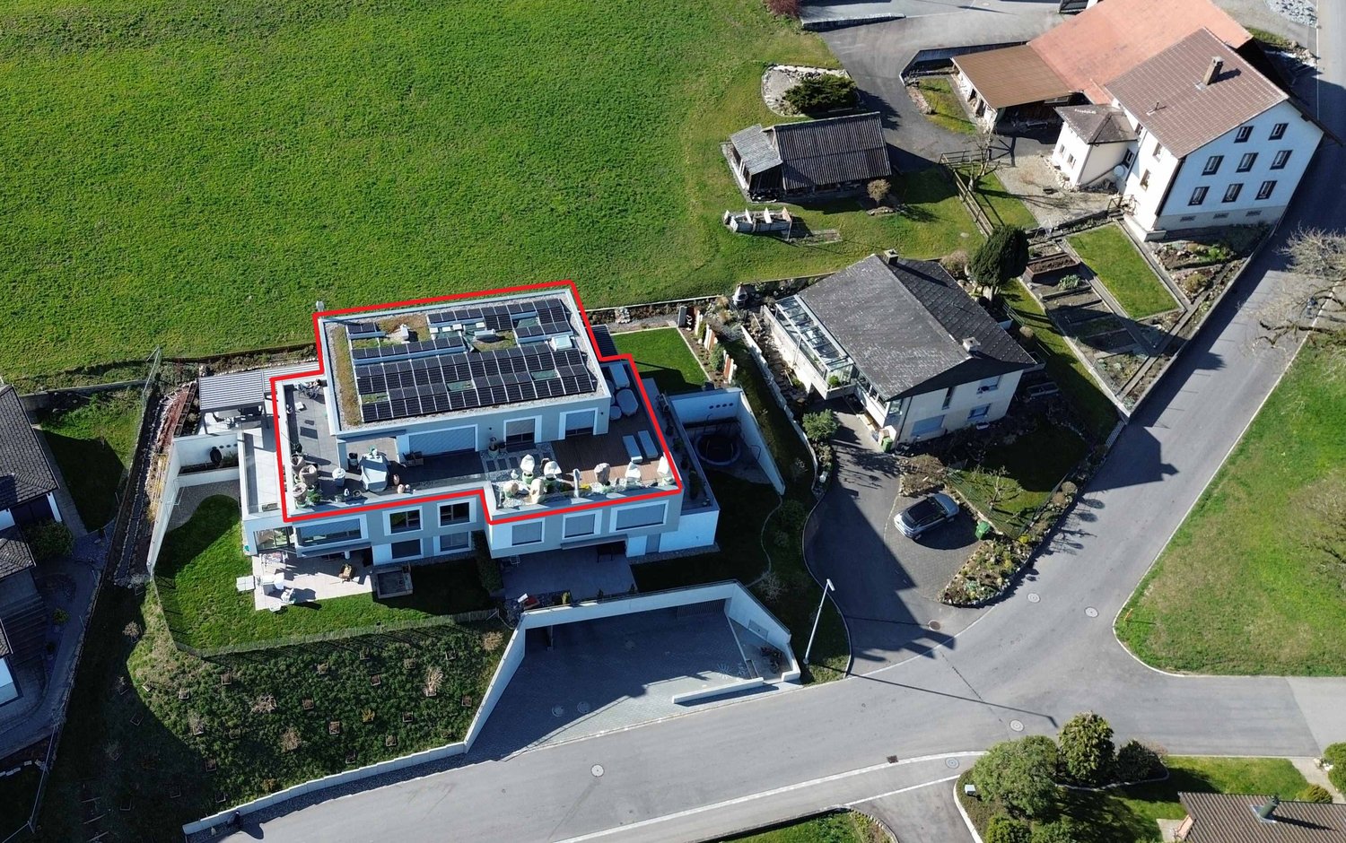 modern house, white exterior, large windows, solar panels, pool, large garden