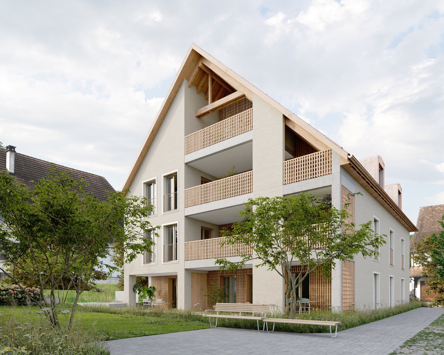 3-story apartment building with a modern, minimalist design. The building features a mix of concrete and wood materials, with large balconies on each floor. The building is surrounded by greenery and has a paved walkway in the front.