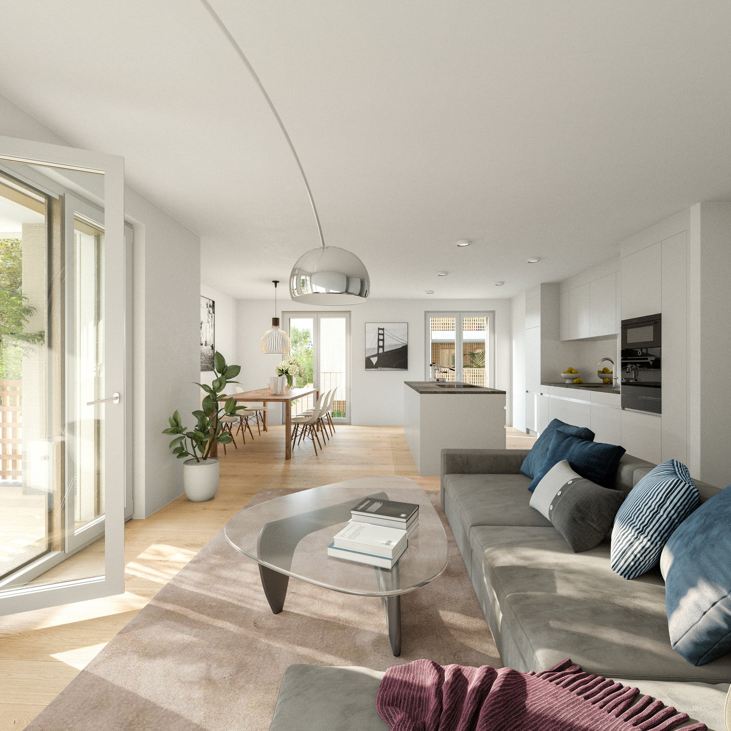 Open-concept living room and dining area, hardwood floors, large windows, modern furniture including a gray sofa, glass coffee table, and pendant lighting, kitchen with white cabinets and a dishwasher visible