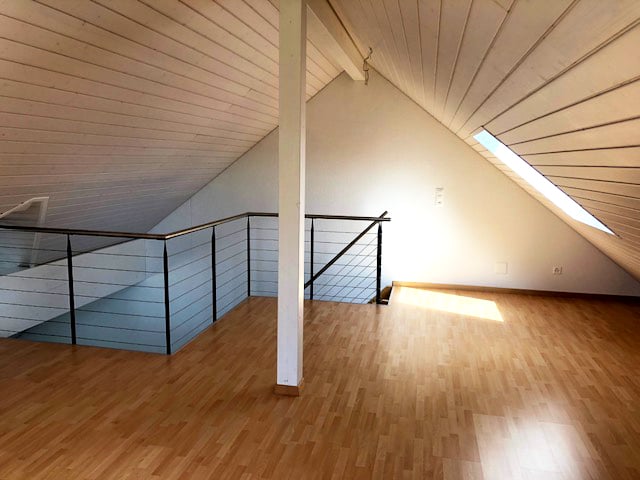 empty attic room, wooden floor, white walls, metal railings, skylight