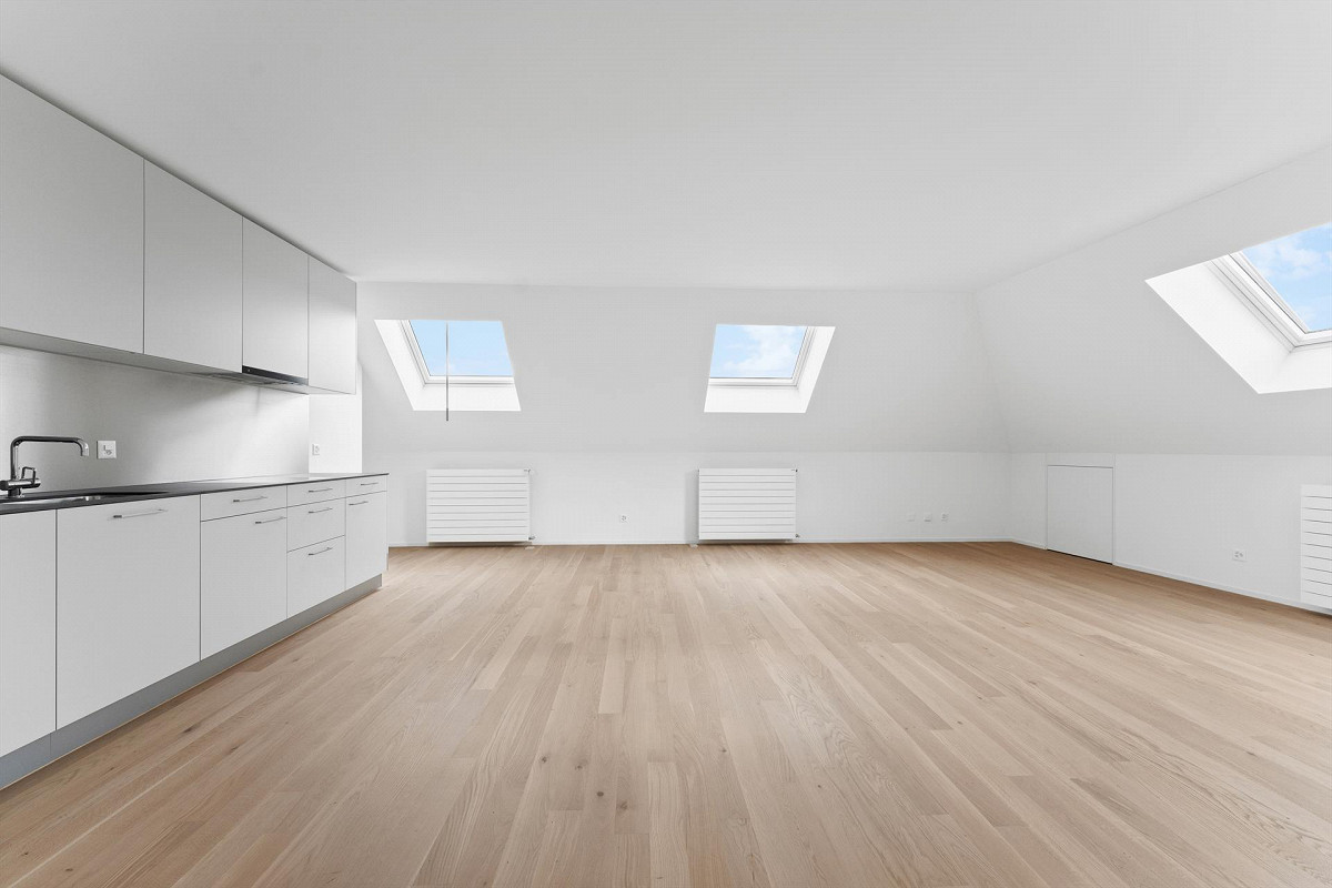 empty room, wooden floor, kitchen cabinets, ceiling with windows, power outlets