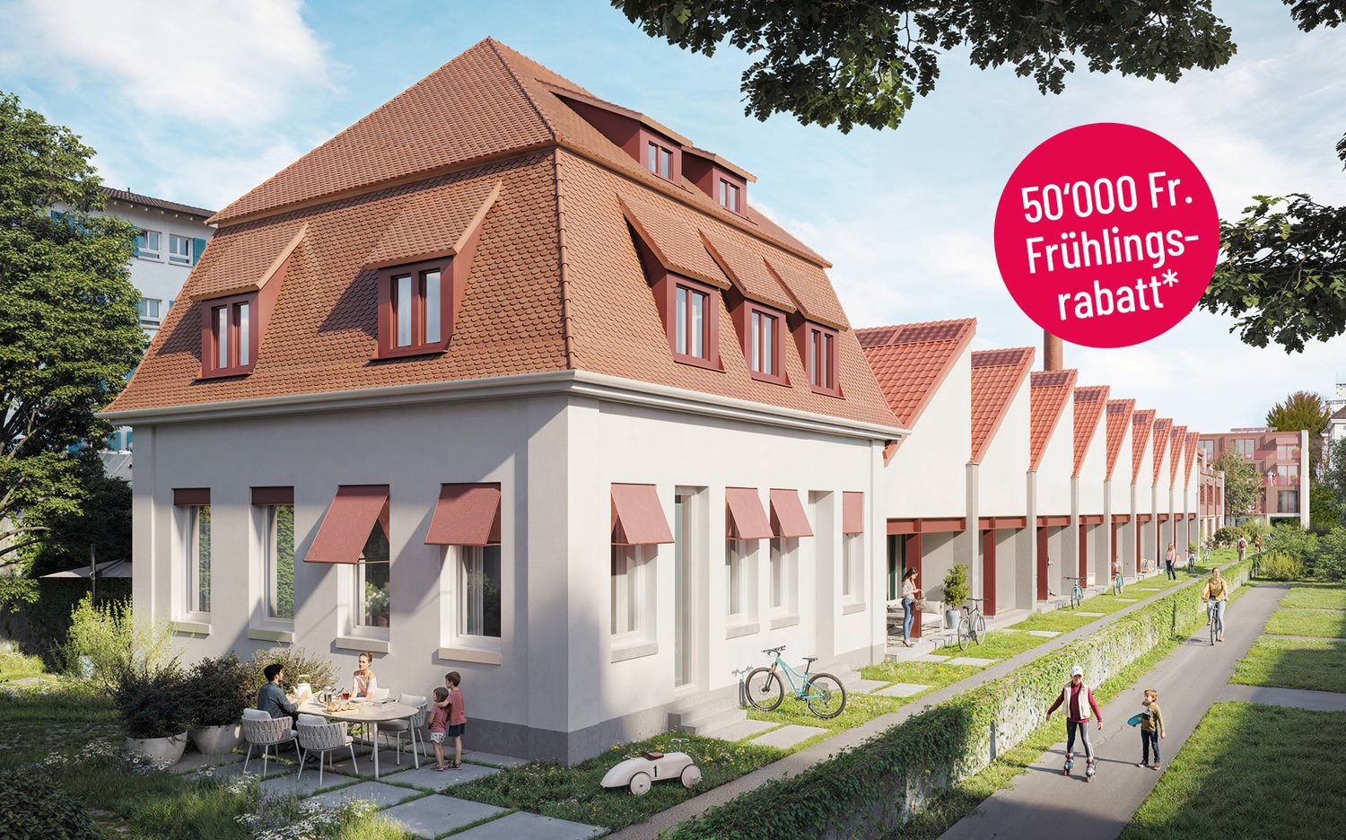 A row of white houses with brown roofs, each with multiple windows and awnings, a pathway in front, and a bicycle parked nearby.