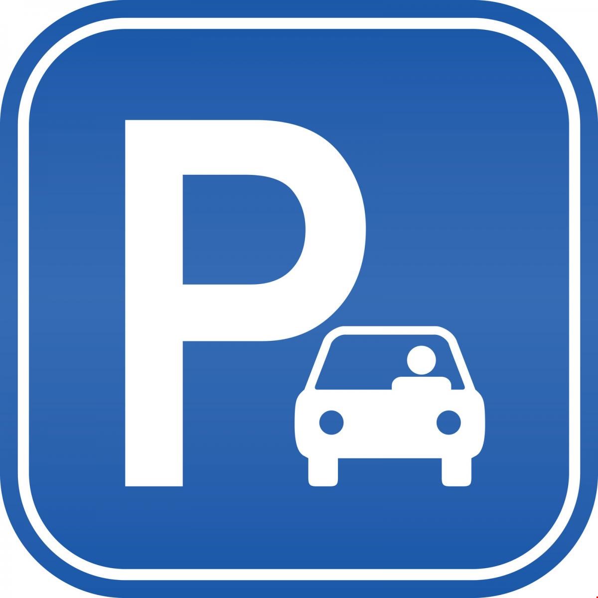 Blue square sign with a white 'P' and a car icon, indicating a designated parking area.