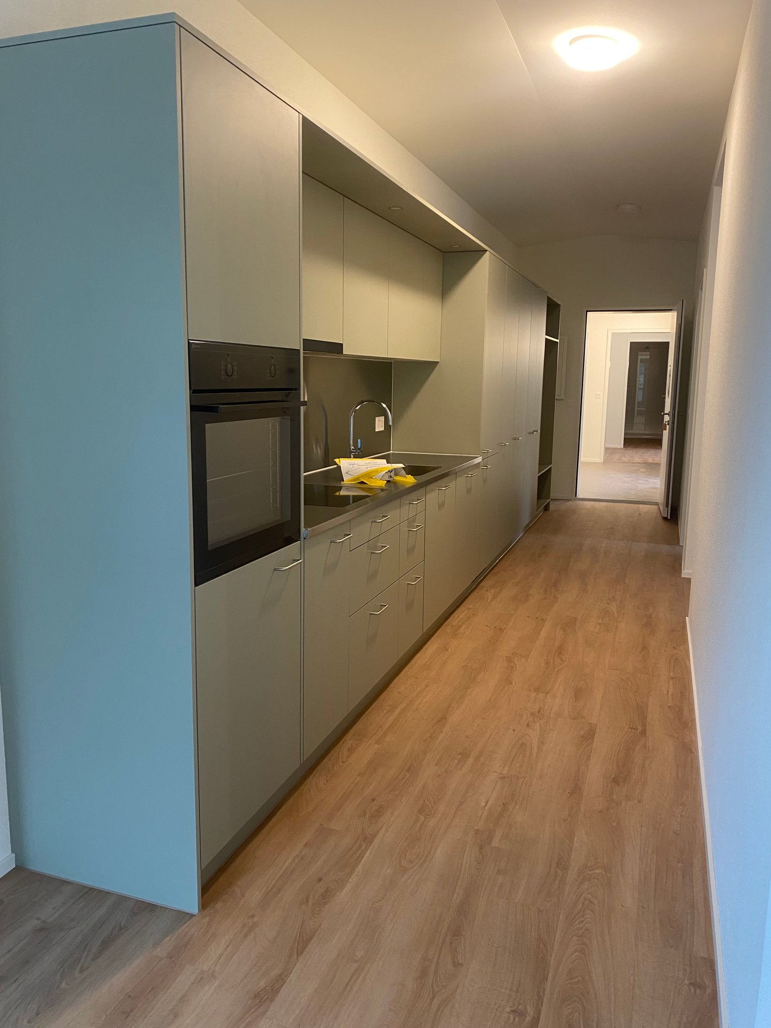 modern kitchen, light blue walls, gray cabinets, wooden floors, built-in oven and microwave, double sinks, faucet