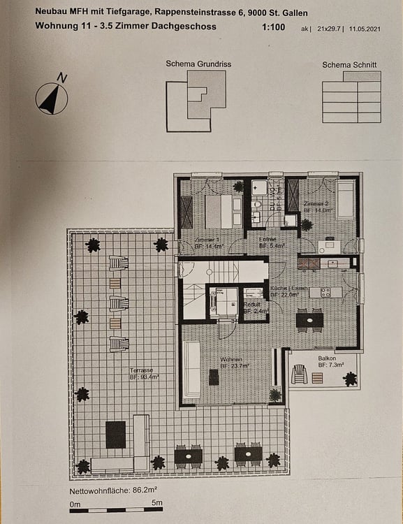 Moderne 1.5-Zimmer-Attikawohnung 18m2 mit Terrasse 93m2 und Balkon 15