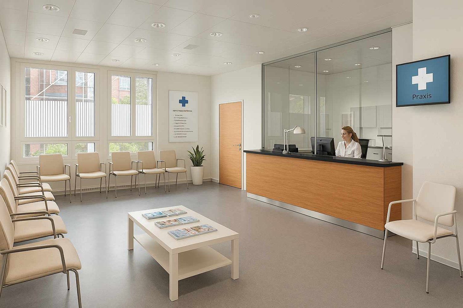 Clean and bright reception area with a desk, chairs, books on a table, a plant, and a TV monitor displaying a logo on the wall.