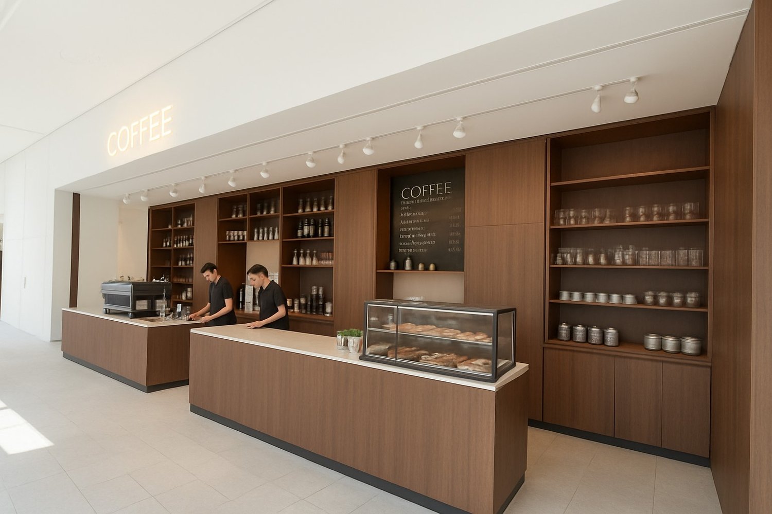 modern coffee shop with wooden shelves, two counters, menu board, and a glass display case with pastries