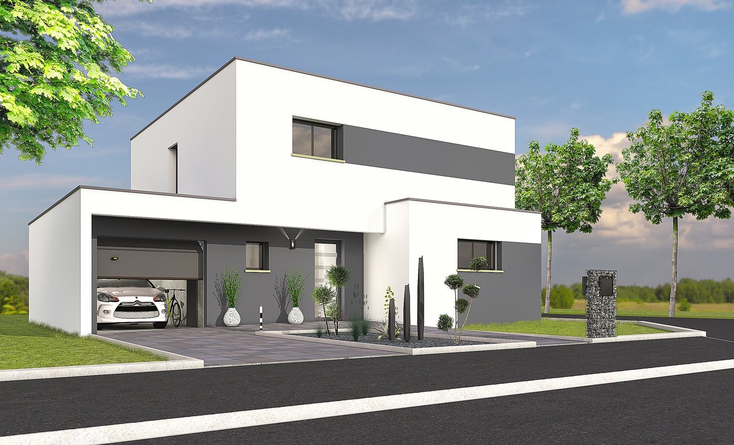 Two-story modern house with a flat roof, white and gray exterior, large windows, and an attached garage. The house is surrounded by landscaping with trees and shrubs.