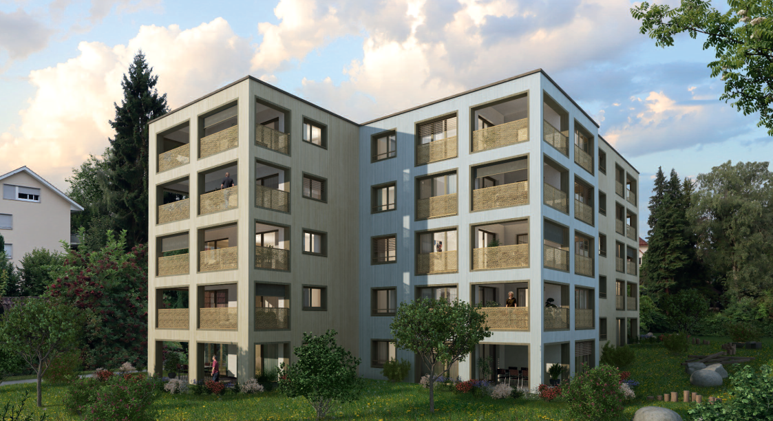 Multi-story residential building, balconies, garden, trees, parking area