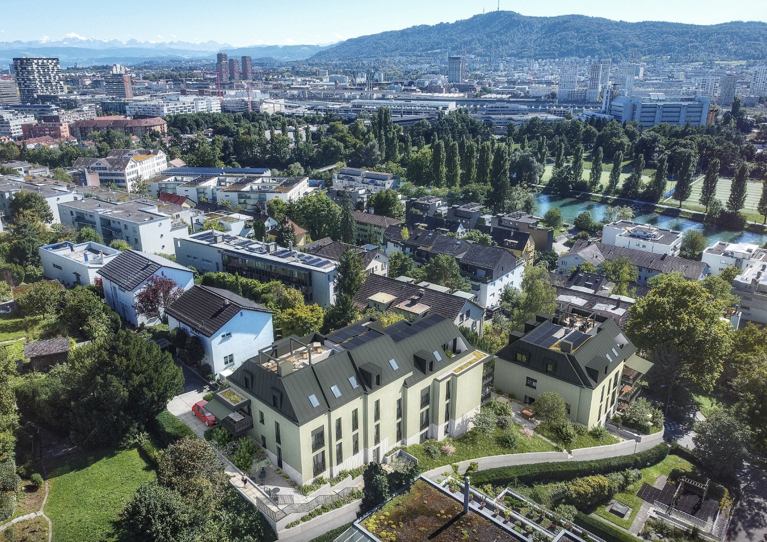 Modern apartment building, Solar panels on the roof, surrounded by greenery, mountain in the background, city skyline visible