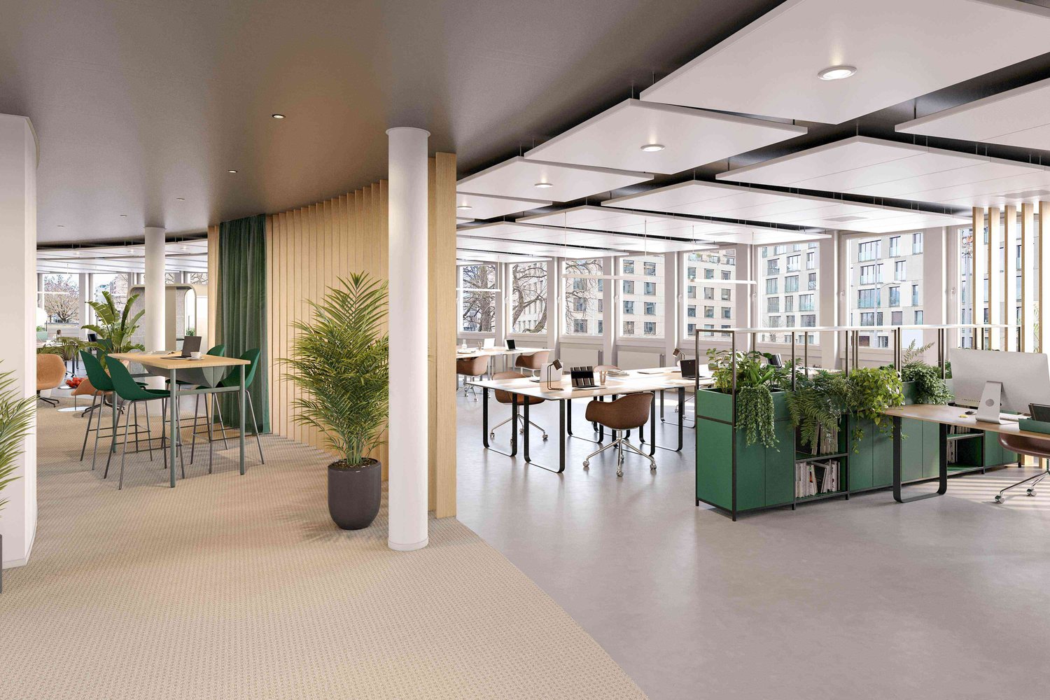 modern office with desks, chairs, plants, carpeted floor, large windows, wooden wall, suspended ceiling