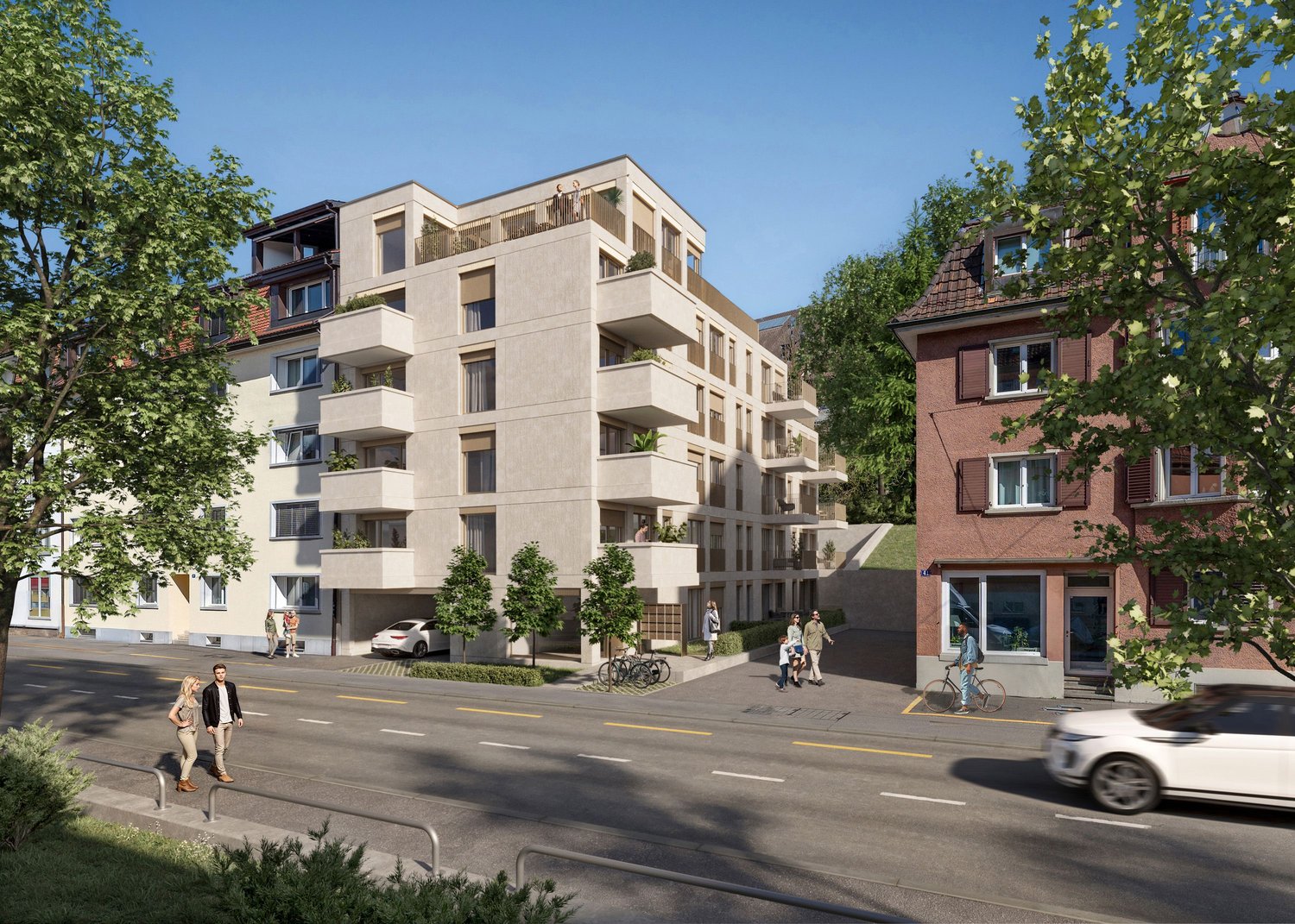 residential complex with several floors, modern architecture, several balconies and terraces, underground parking, raised ground floor, and surrounded by greenery