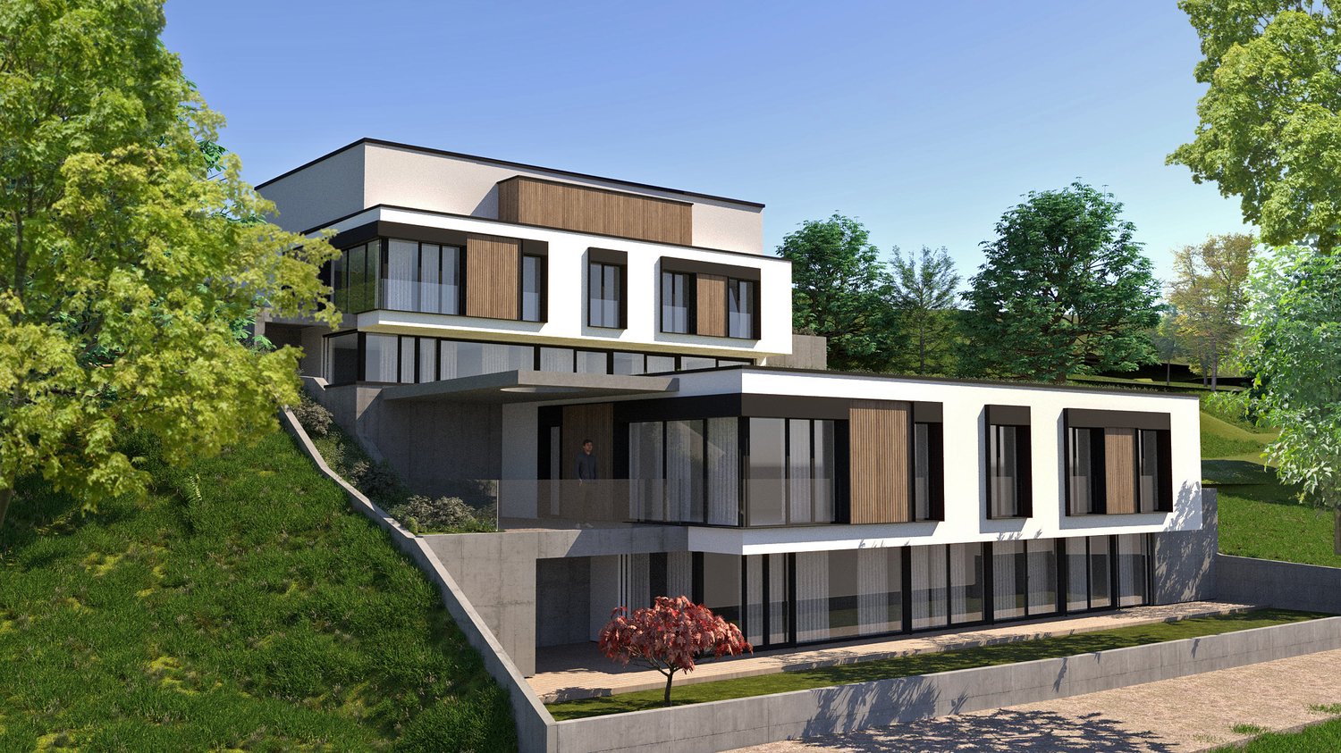 modern house, raised ground floor, balcony, large windows, concrete walls, green surroundings