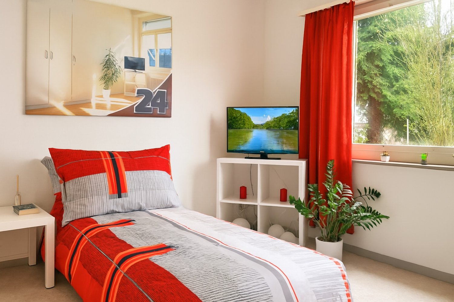 Bedroom with bed, nightstand, potted plant, television, decorative pillows, wall-mounted artwork.