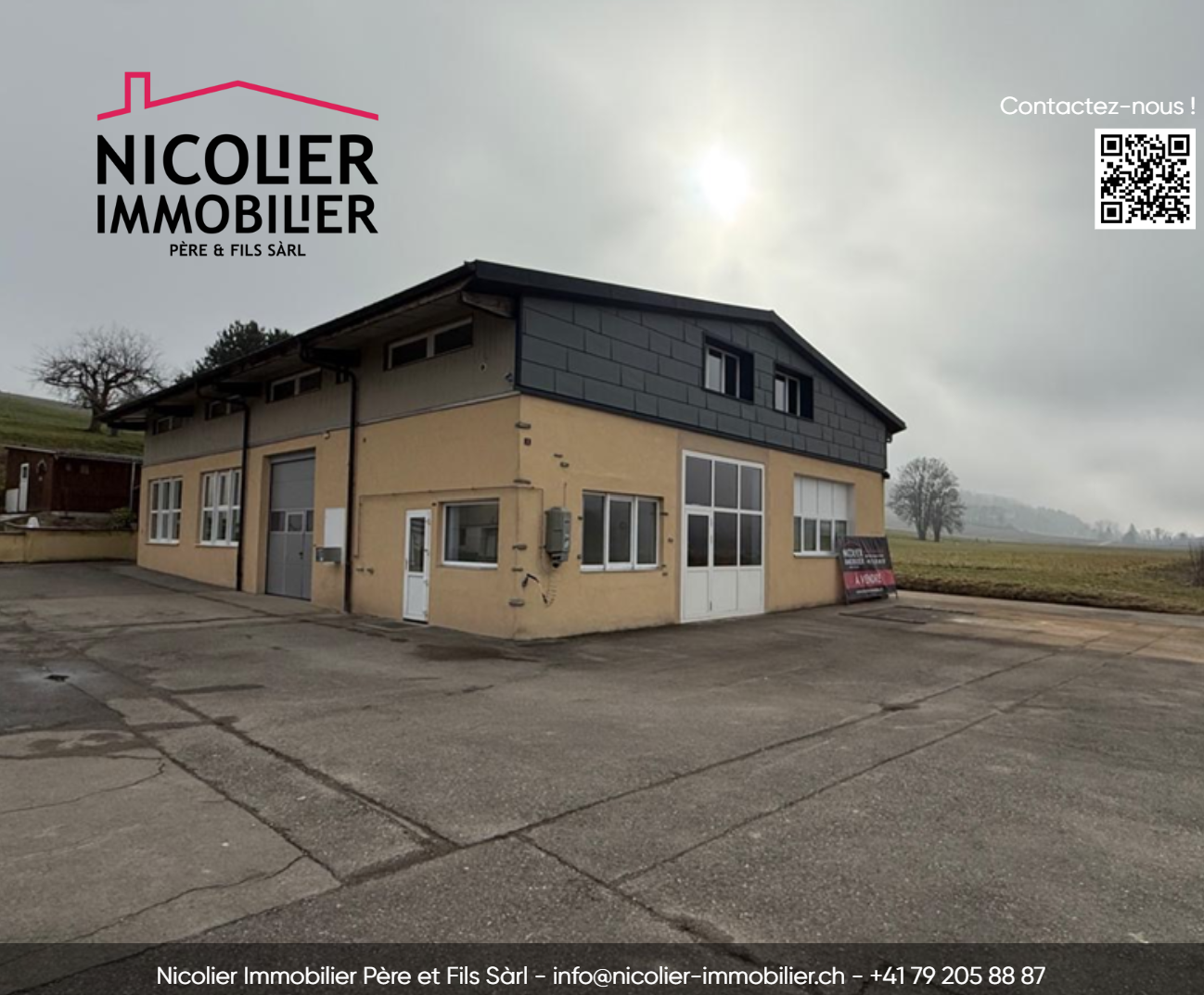 2 story house, concrete walls, white doors, garage, windows, cloudy sky