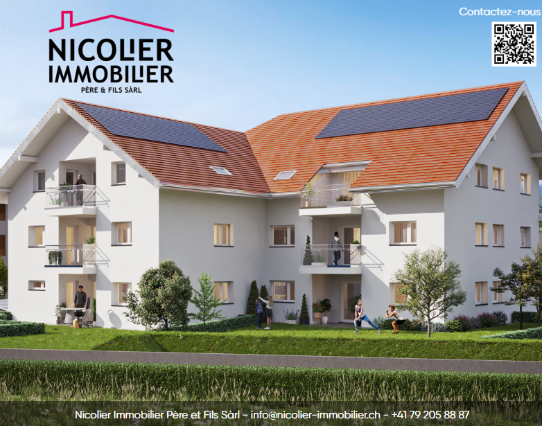 Newly built white apartment building with red roofs and solar panels, balconies on each floor, green lawns, and small trees.