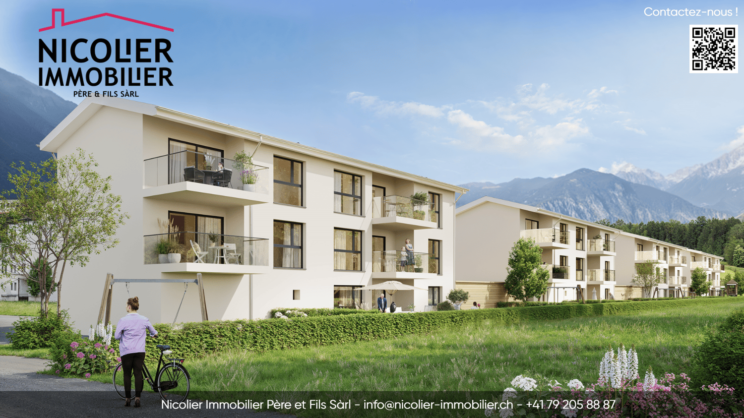 Modern apartment building, white facade, balconies, located near nature