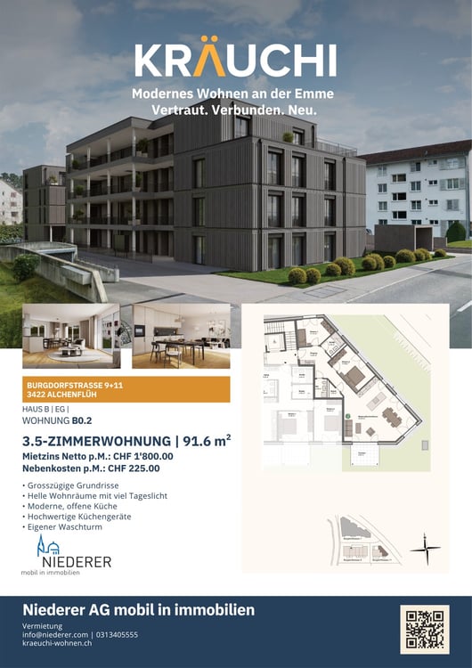 Letzte Chance: Mieten wie ein Eigentümer 3.5-Zimmer-Neubauwohnungen mit Kochinsel im Kräuchi-Areal 2