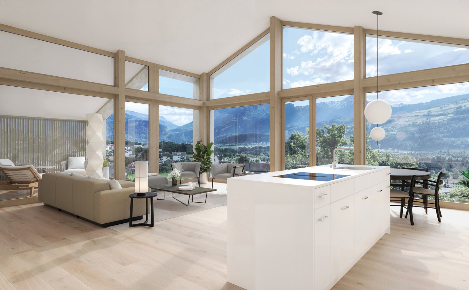 open plan living room with wooden floors, large glass windows with view of mountains, a kitchen with a white counter and dining area