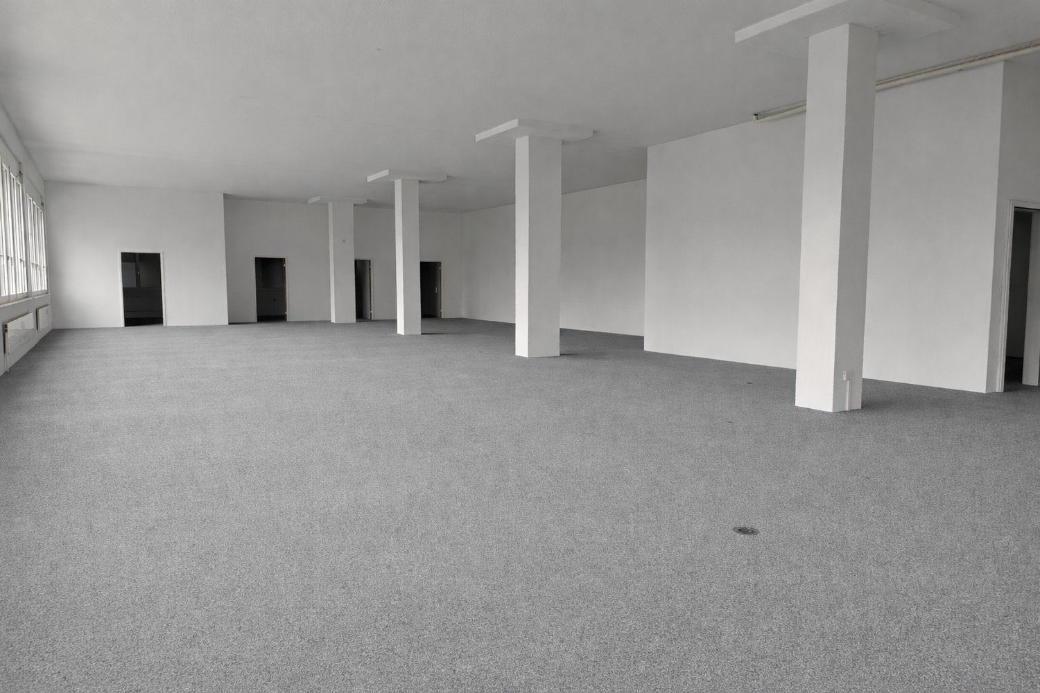 Empty room, white walls, gray carpet, four pillars, four doors, windows on the left wall