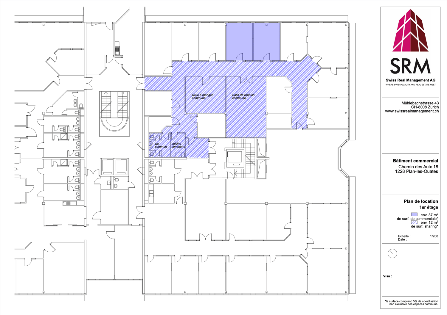 Commercial building floor plan with dining area, meeting room, kitchen, and common WC.
